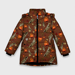 Куртка зимняя для девочки Перья и физалис brown, цвет: 3D-черный