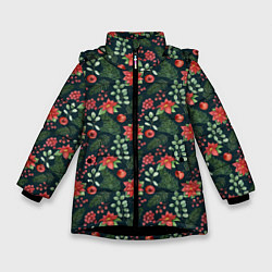 Куртка зимняя для девочки Новогодние цветы, цвет: 3D-черный