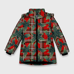 Зимняя куртка для девочки Листья остролиста на красной шотландке