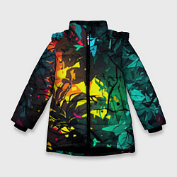 Куртка зимняя для девочки Яркие разноцветные абстрактные листья, цвет: 3D-черный