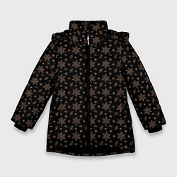 Куртка зимняя для девочки Узор из персиковых снежинок на черном, цвет: 3D-черный