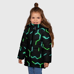 Куртка зимняя для девочки Зеленые неоновые неполные гексагоны, цвет: 3D-черный — фото 2