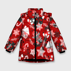 Куртка зимняя для девочки Рождественские паттерны, цвет: 3D-черный
