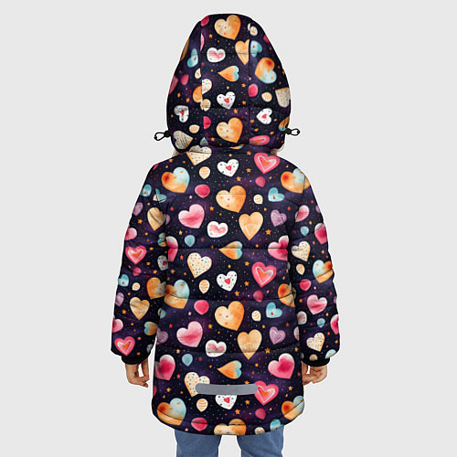 Зимняя куртка для девочки Паттерн с сердечками на Валентинов день / 3D-Черный – фото 4