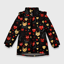 Зимняя куртка для девочки Паттерн с сердечками и котами валентинка
