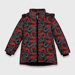 Зимняя куртка для девочки Красные драконы на сером фоне