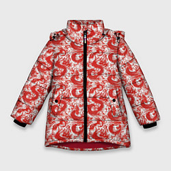Зимняя куртка для девочки Красные драконы на белом фоне