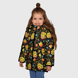 Куртка зимняя для девочки Хохломская роспись разноцветные цветы, цвет: 3D-черный — фото 2
