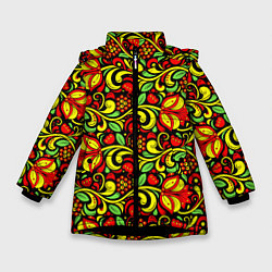 Куртка зимняя для девочки Хохломская роспись красные цветы и ягоды, цвет: 3D-черный