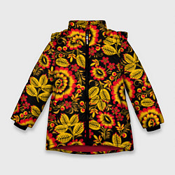 Куртка зимняя для девочки Хохломская роспись золотистые листья и цветы чёрно, цвет: 3D-красный