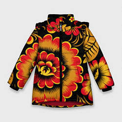 Зимняя куртка для девочки Хохломская роспись красно-жёлтые цветы на чёрном ф