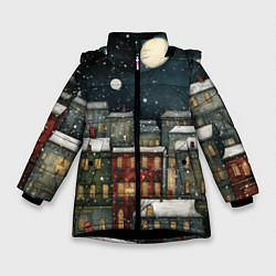 Куртка зимняя для девочки Новогодний рисованный город, цвет: 3D-черный