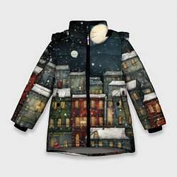 Куртка зимняя для девочки Новогодний рисованный город, цвет: 3D-светло-серый