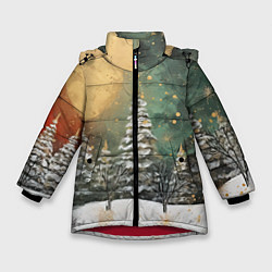 Куртка зимняя для девочки Большая луна и новогодний лес, цвет: 3D-красный
