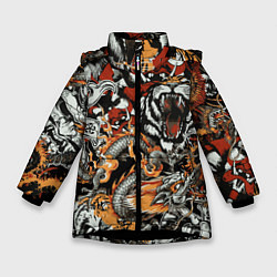 Куртка зимняя для девочки Самурай дракон и тигр, цвет: 3D-черный