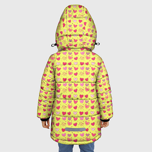 Зимняя куртка для девочки Сердечки на желтом - паттерн / 3D-Красный – фото 4