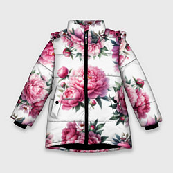 Куртка зимняя для девочки Розовые цветы пиона, цвет: 3D-черный