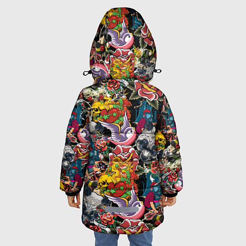 Зимняя куртка для девочки Патерн цветных татуировок / 3D-Черный – фото 4