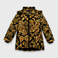 Куртка зимняя для девочки Желтые узоры хохломские, цвет: 3D-черный