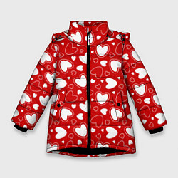 Куртка зимняя для девочки Белые сердечки на красном фоне, цвет: 3D-черный