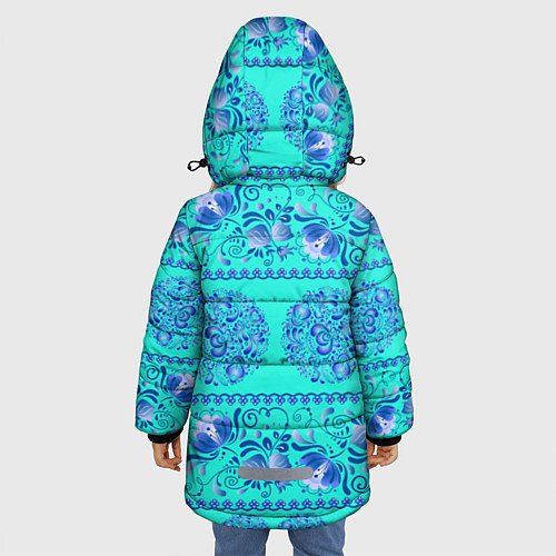 Зимняя куртка для девочки Гжель на бирюзовом фоне / 3D-Черный – фото 4