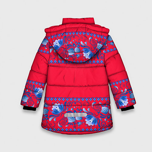 Зимняя куртка для девочки Голубая гжель на красном фоне / 3D-Светло-серый – фото 2