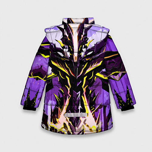 Зимняя куртка для девочки Чёрно-жёлтая агрессивная абстракция на фиолетовом / 3D-Светло-серый – фото 2