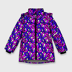 Куртка зимняя для девочки Фиолетовый узор и чёрная обводка, цвет: 3D-светло-серый