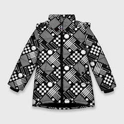Куртка зимняя для девочки Черно белый узор из геометрических фигур, цвет: 3D-черный