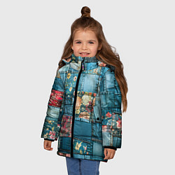 Куртка зимняя для девочки Джинсовые лоскуты с цветочками, цвет: 3D-красный — фото 2