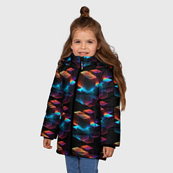 Куртка зимняя для девочки Разноцветные неоновые кубы, цвет: 3D-светло-серый — фото 2