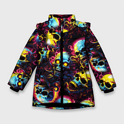Куртка зимняя для девочки Разноцветные черепушки с щупальцами, цвет: 3D-черный