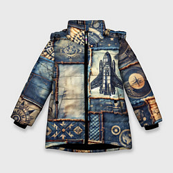 Зимняя куртка для девочки Космический корабль - пэчворк