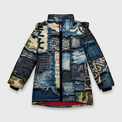 Зимняя куртка для девочки Иероглифы на пэчворк дениме