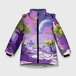 Зимняя куртка для девочки Фиолетовые горы зеленые деревья и космос
