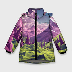 Куртка зимняя для девочки Геометрический зеленый пейзаж и фиолетовые горы, цвет: 3D-светло-серый