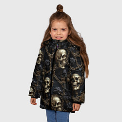 Куртка зимняя для девочки Прикованные золотой цепью черепа, цвет: 3D-черный — фото 2