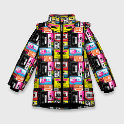 Куртка зимняя для девочки Цветные аудиокассеты, цвет: 3D-черный
