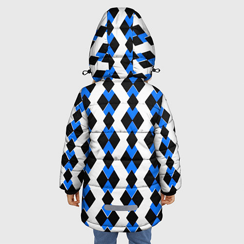 Зимняя куртка для девочки Чёрные и синие ромбы на белом фоне / 3D-Черный – фото 4