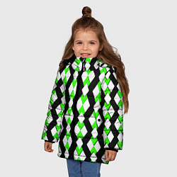 Куртка зимняя для девочки Зелёные и белые ромбы на чёрном фоне, цвет: 3D-светло-серый — фото 2