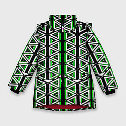 Куртка зимняя для девочки Бело-зелёные треугольники на чёрном фоне, цвет: 3D-красный