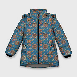 Зимняя куртка для девочки Цветочный узор в стиле бохо на синем