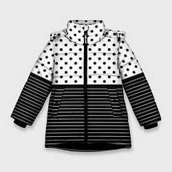 Куртка зимняя для девочки Белый в чёрный горошек с полосами, цвет: 3D-черный