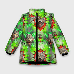 Куртка зимняя для девочки Волки из зеленого паттерна, цвет: 3D-черный