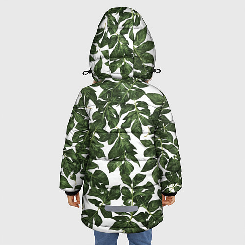 Зимняя куртка для девочки Зеленые листочки на белом фоне / 3D-Черный – фото 4