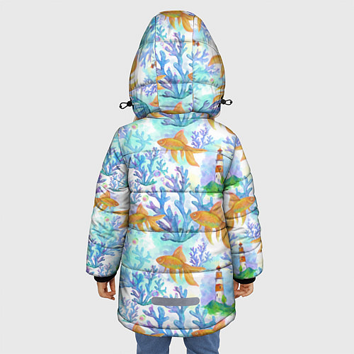 Зимняя куртка для девочки Золотая рыбка и кораллы акварельные / 3D-Черный – фото 4