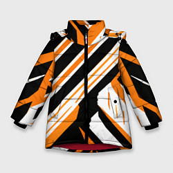 Куртка зимняя для девочки Чёрно-оранжевые полосы на белом фоне, цвет: 3D-красный