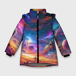 Куртка зимняя для девочки Космический пейзаж яркий с галактиками, цвет: 3D-светло-серый