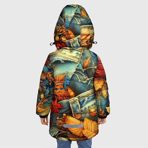 Зимняя куртка для девочки Композиция из цветов и рваной джинсы - нейросеть / 3D-Красный – фото 4