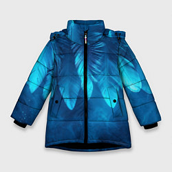 Куртка зимняя для девочки Вертикальные синие перья и дым, цвет: 3D-черный